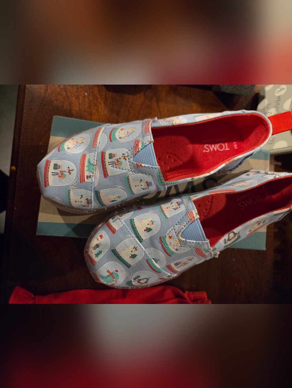 TOMS Kids Light Blue Snow Globe Print Slip-Ons with Red Lining Size 11